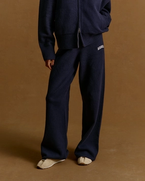 All Time Use Layered Wear Varsity Knit Straight Leg Sweatpants - Navy Blue/Marshmallow White