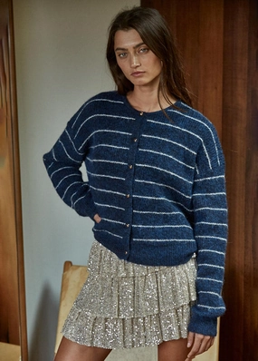 Chilly Weather Trendy Layering Bellevue Cardigan - Navy Ivory