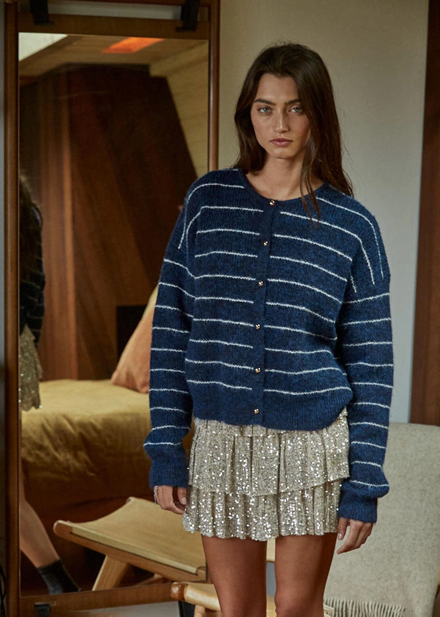 Vintage Wash Finish Versatile Layers Bellevue Cardigan - Navy Ivory