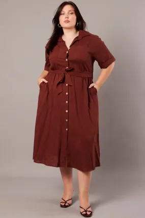 Brown Midi Dress Puff Sleeve Belted With Pockets Romantic Style