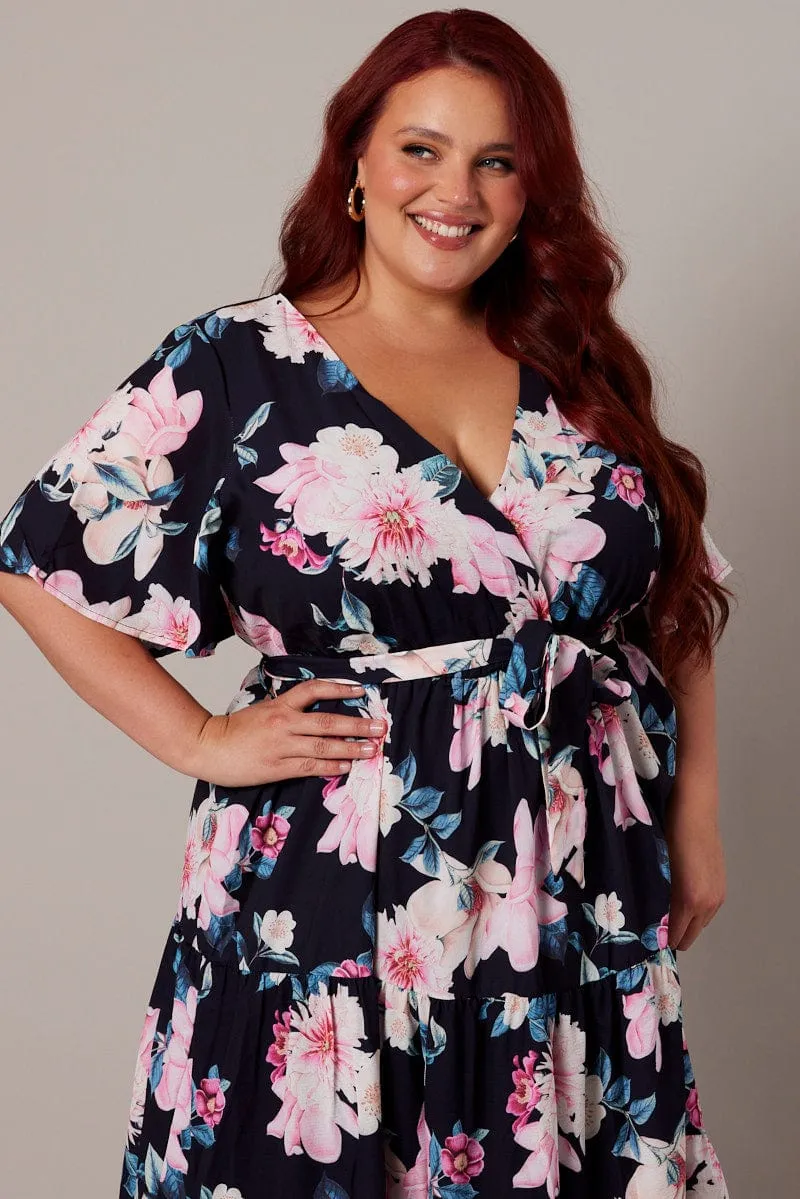 Black Floral Midi Dress Short Sleeve Wrap Front Tiered Sculpted Detail