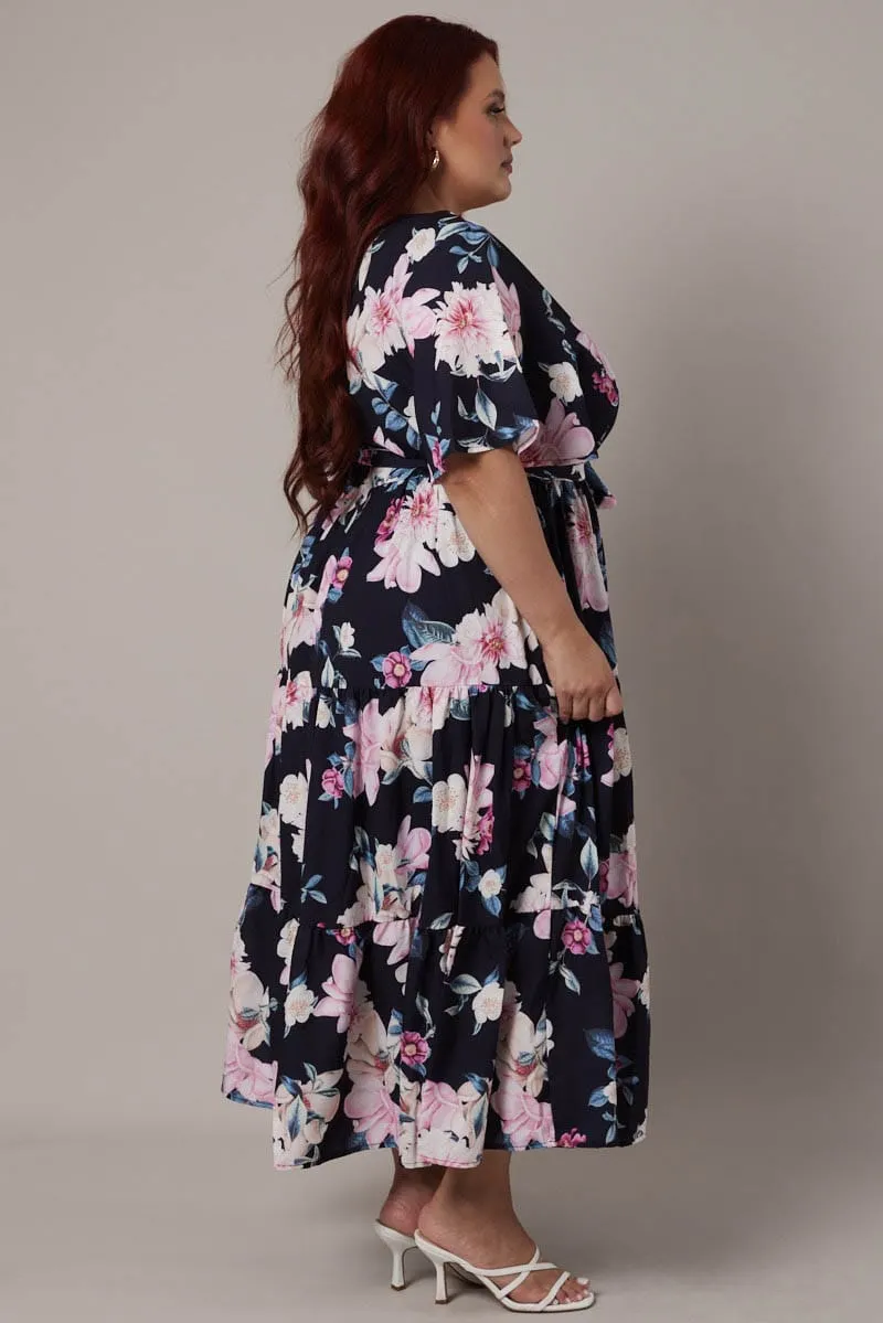 Black Floral Midi Dress Short Sleeve Wrap Front Tiered Subtle Glow