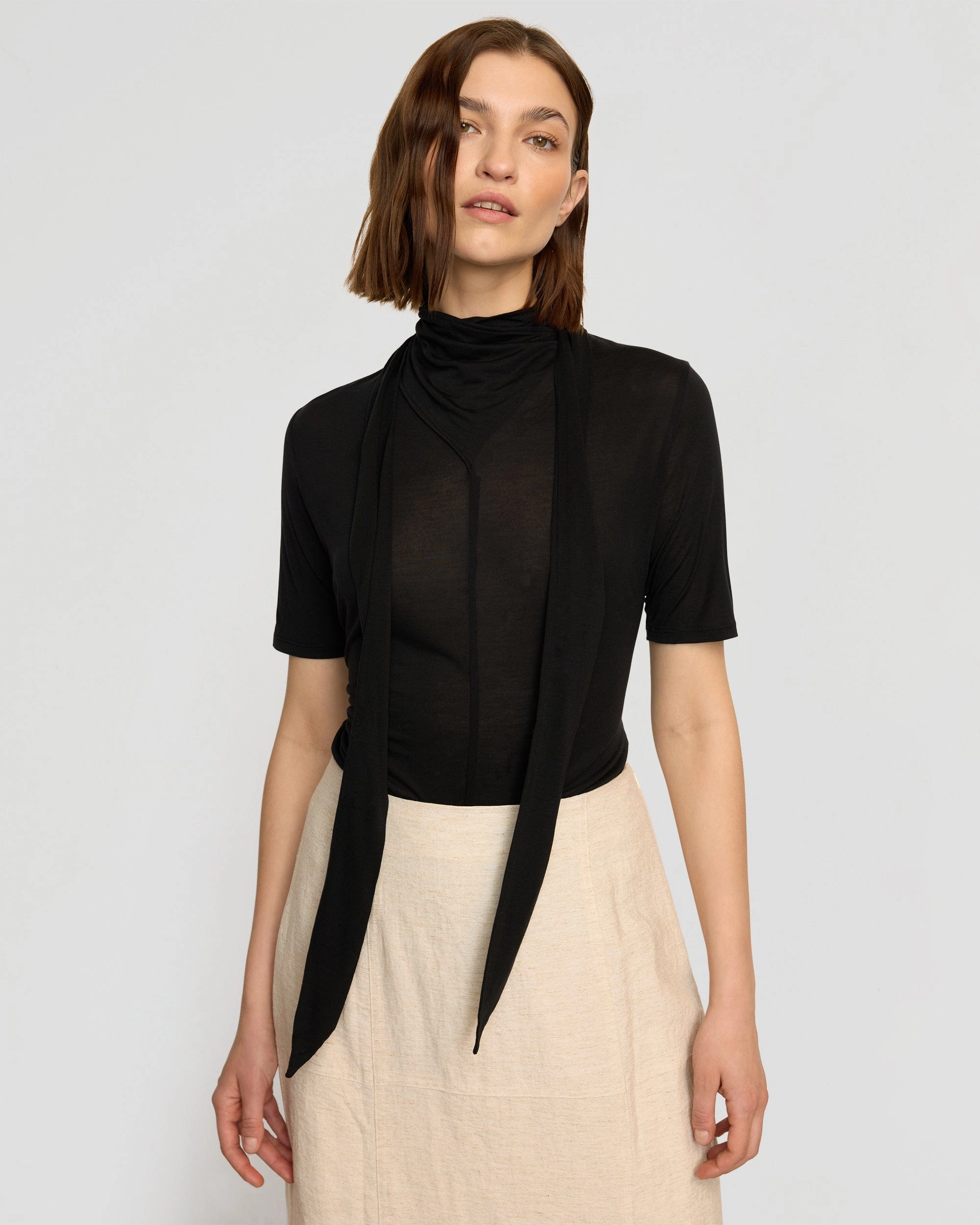 Lucine Scarf-Neck Semi-Sheer Tencel Tee Trendy Top Cool Weather Wear