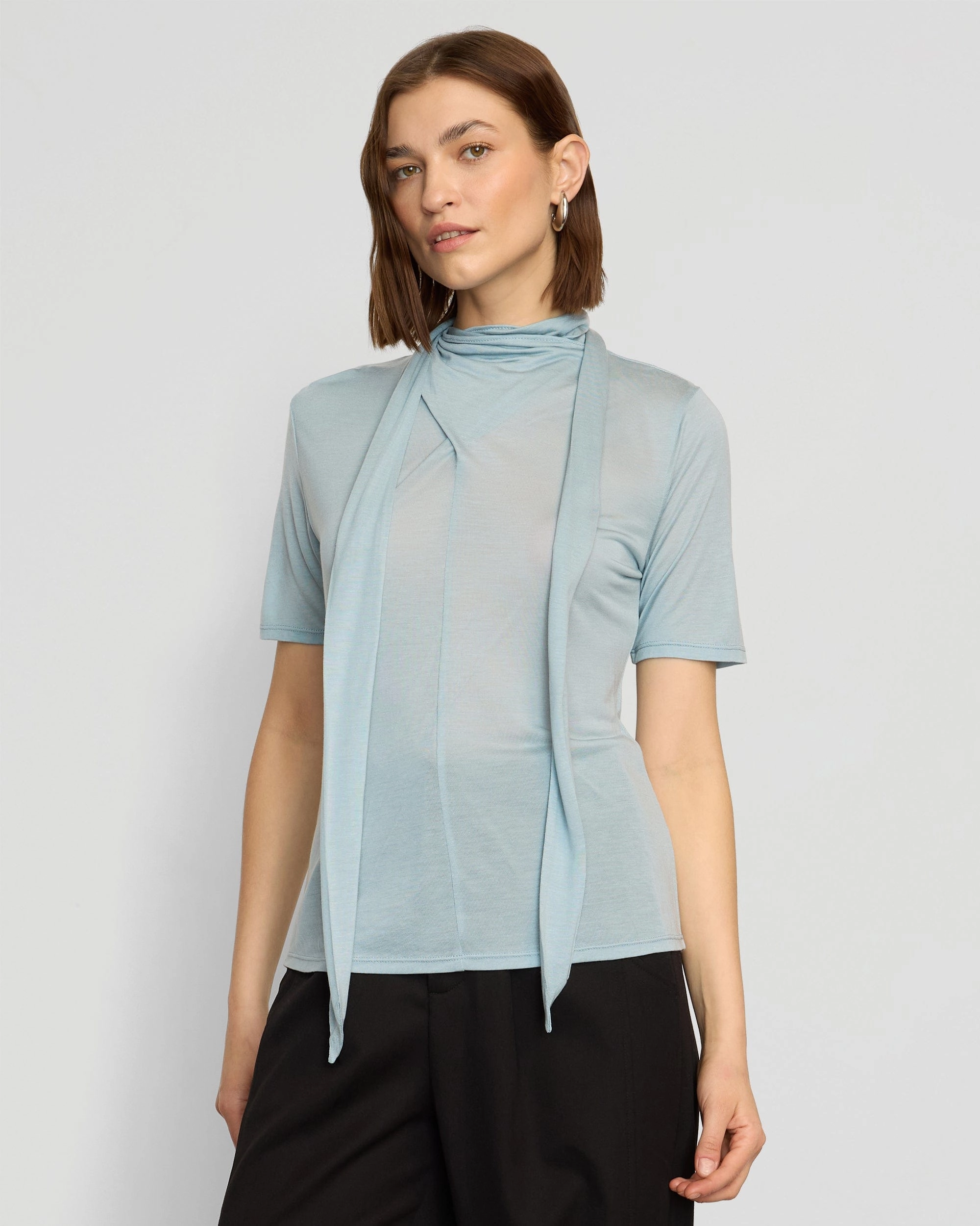 Breathable Stretch Fit TearResistant Fabric Lucine Scarf-Neck Semi-Sheer Tencel Tee