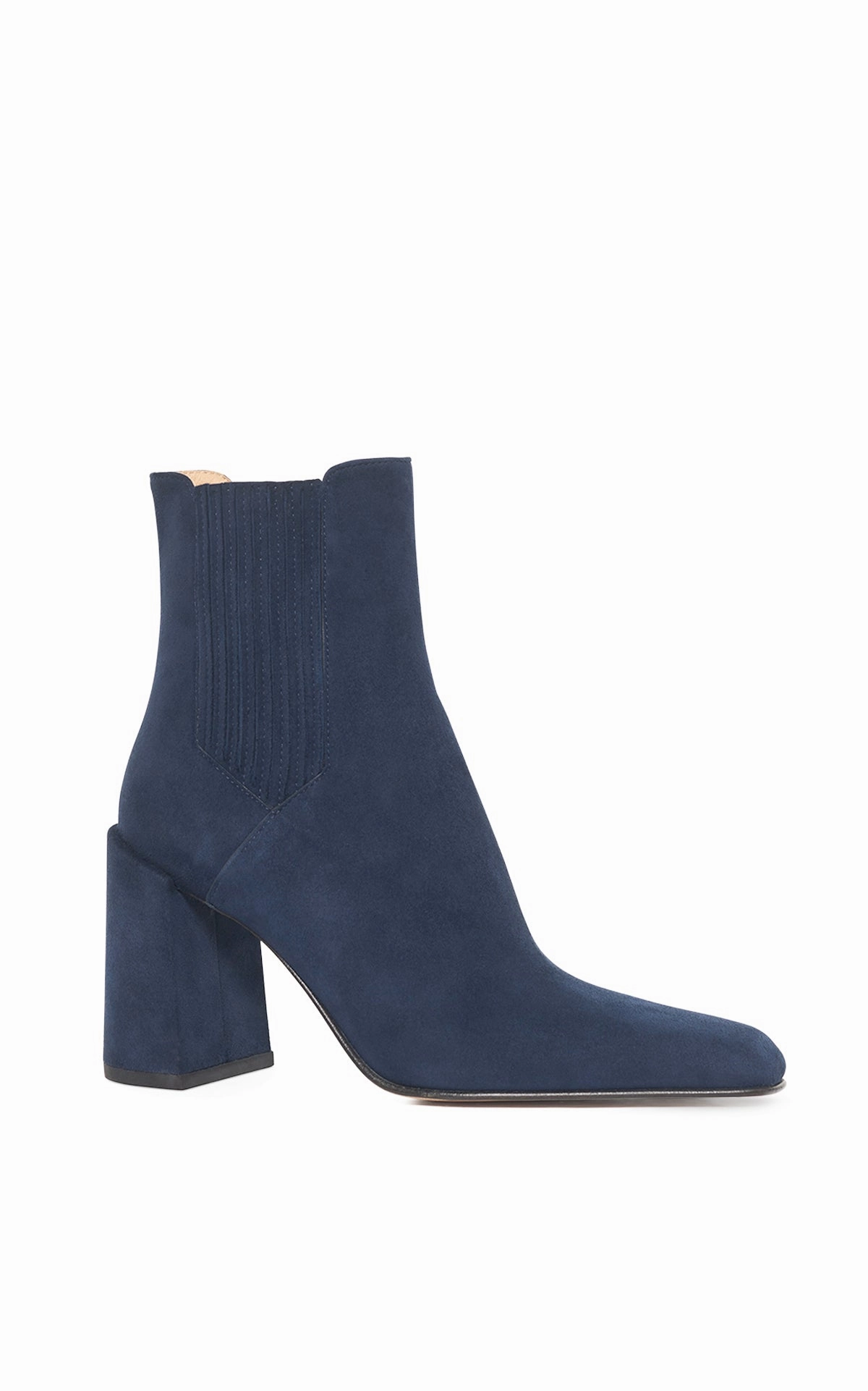 Rubberized Traction Lugs Cushioned Step Weekend Wanderer Luke High Heel Ankle Boot in Navy Suede