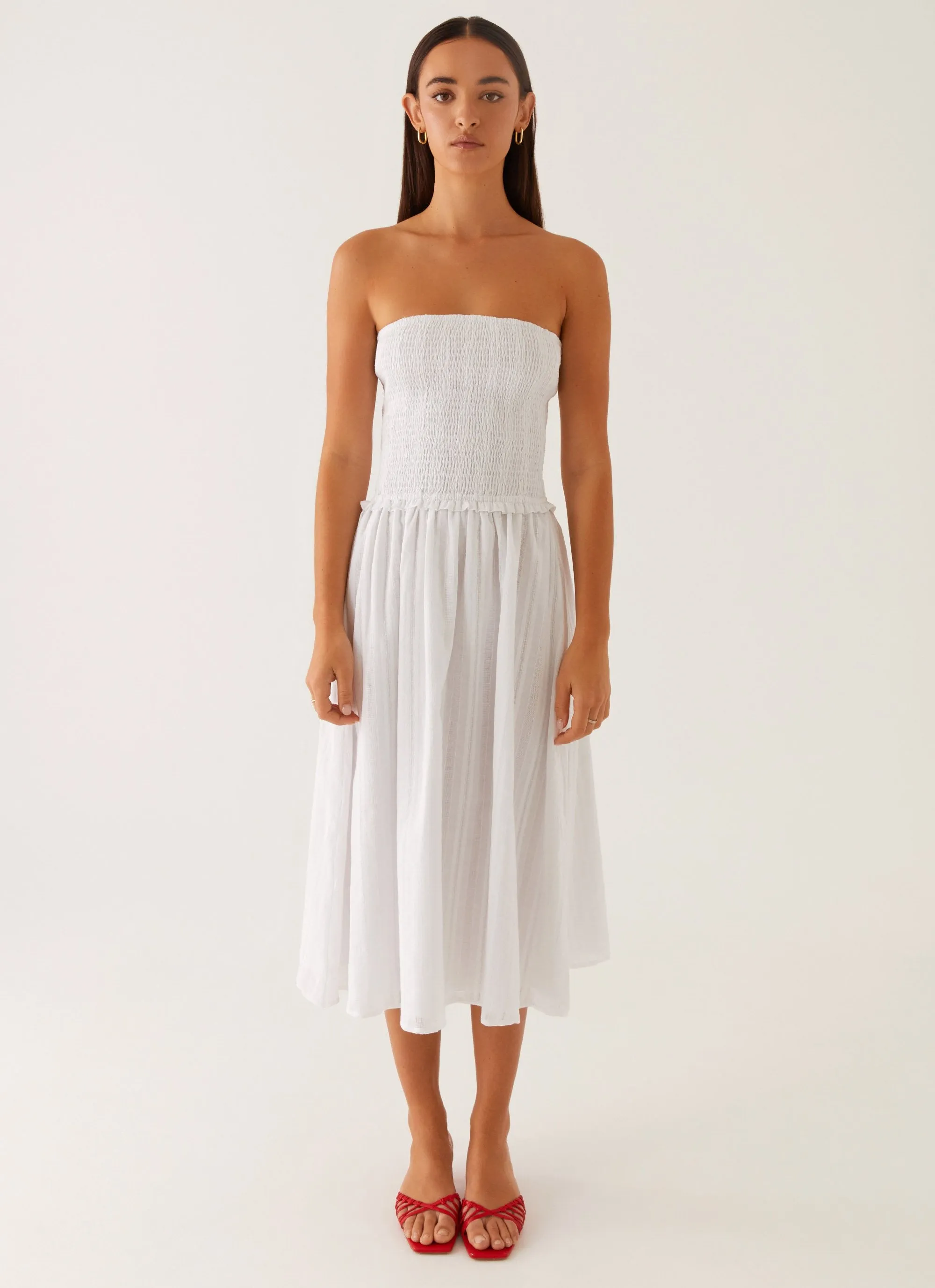 Comfy and Cozy Bold Color Lulie Shirres Midi Dress - Ivory