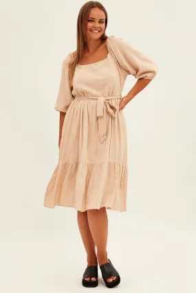 Beige Midi Dress Puff Sleeve Belt Frill Hem Trendy summer outfit AdjustableStraps