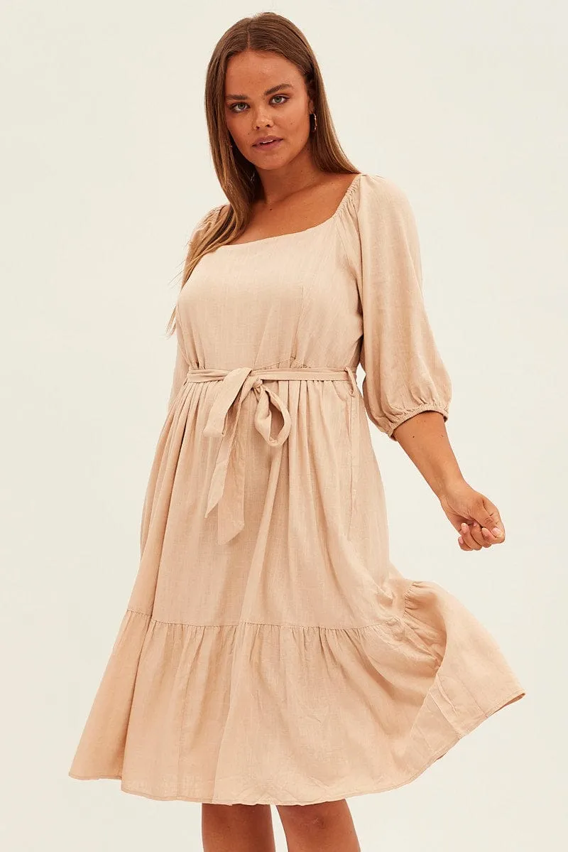 Beige Midi Dress Puff Sleeve Belt Frill Hem Sage Detail