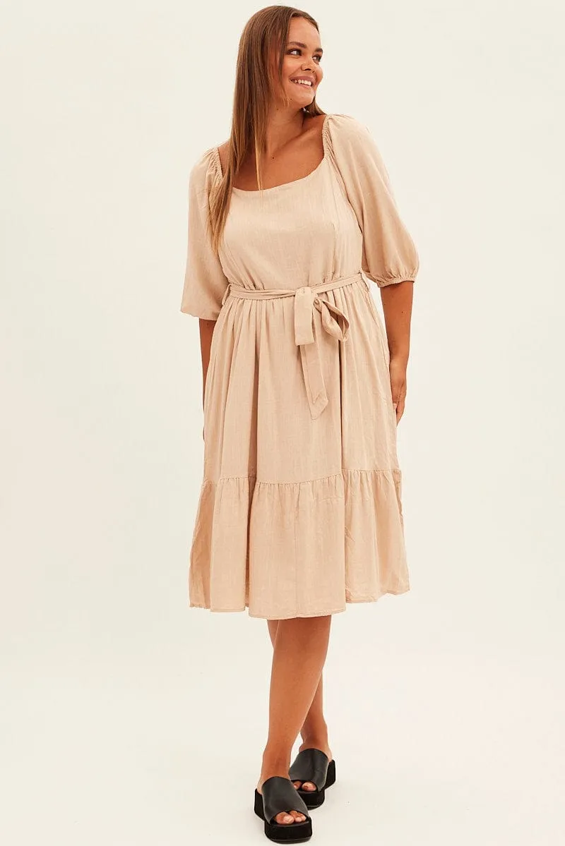Beige Midi Dress Puff Sleeve Belt Frill Hem High Waist
