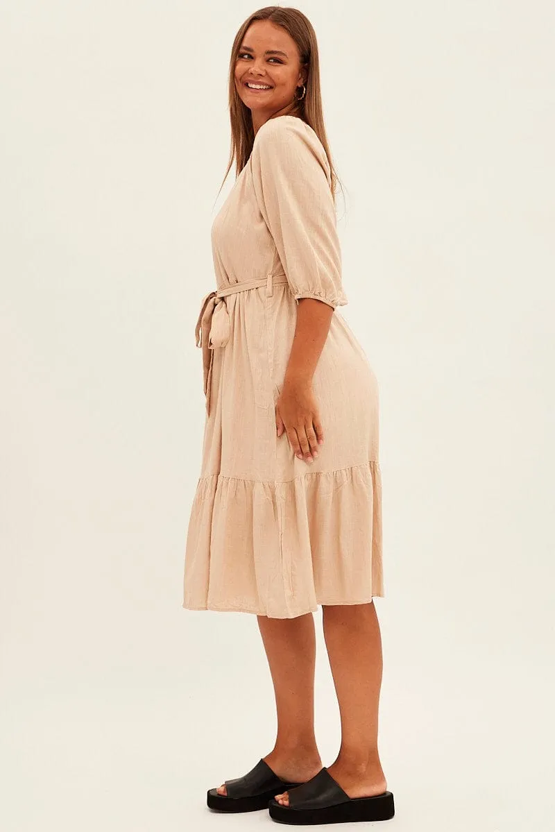 Smart Comfort Beige Midi Dress Puff Sleeve Belt Frill Hem