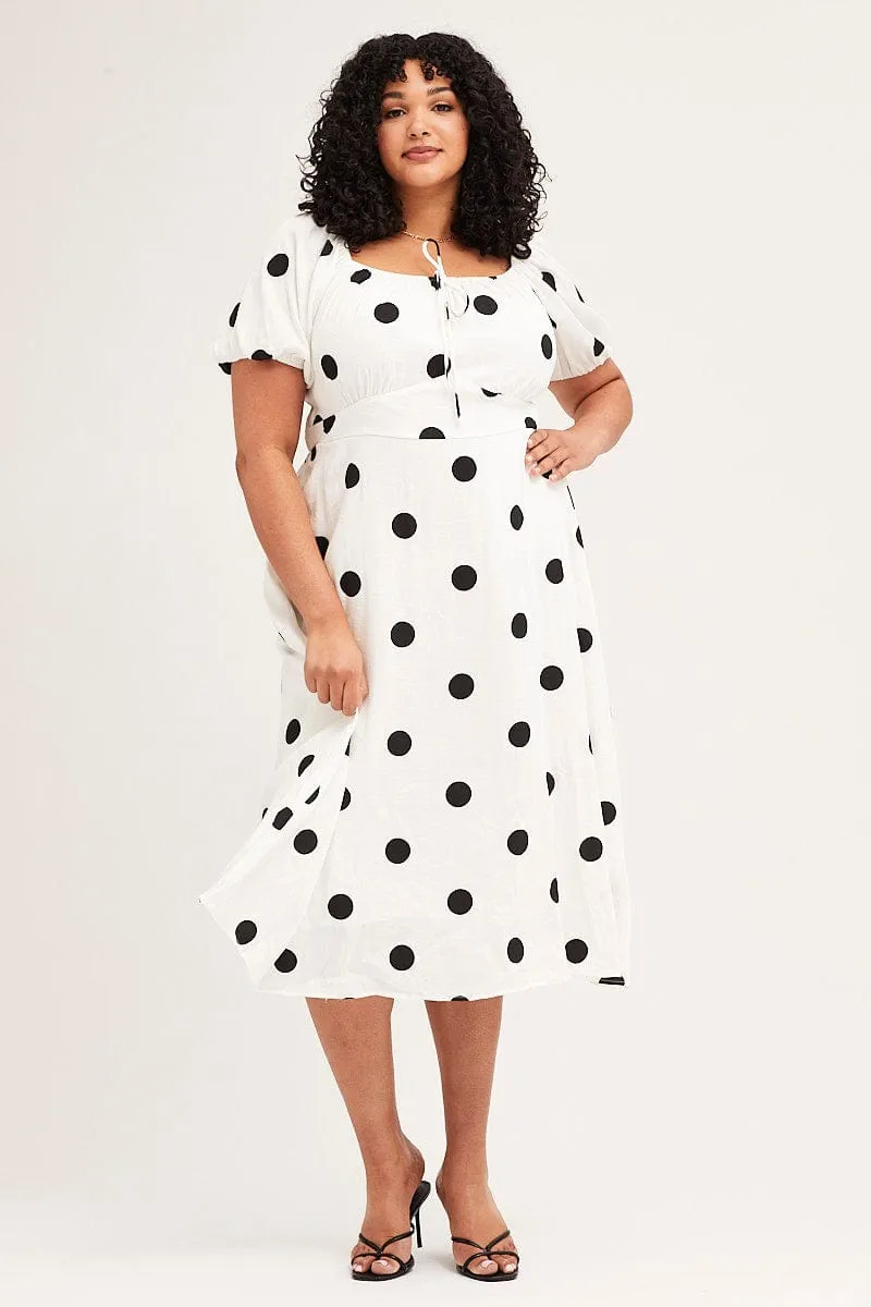 Cozy Wearable Elegant Waistband Fit Polka Dot Midi Dress Square Neck Short Sleeve