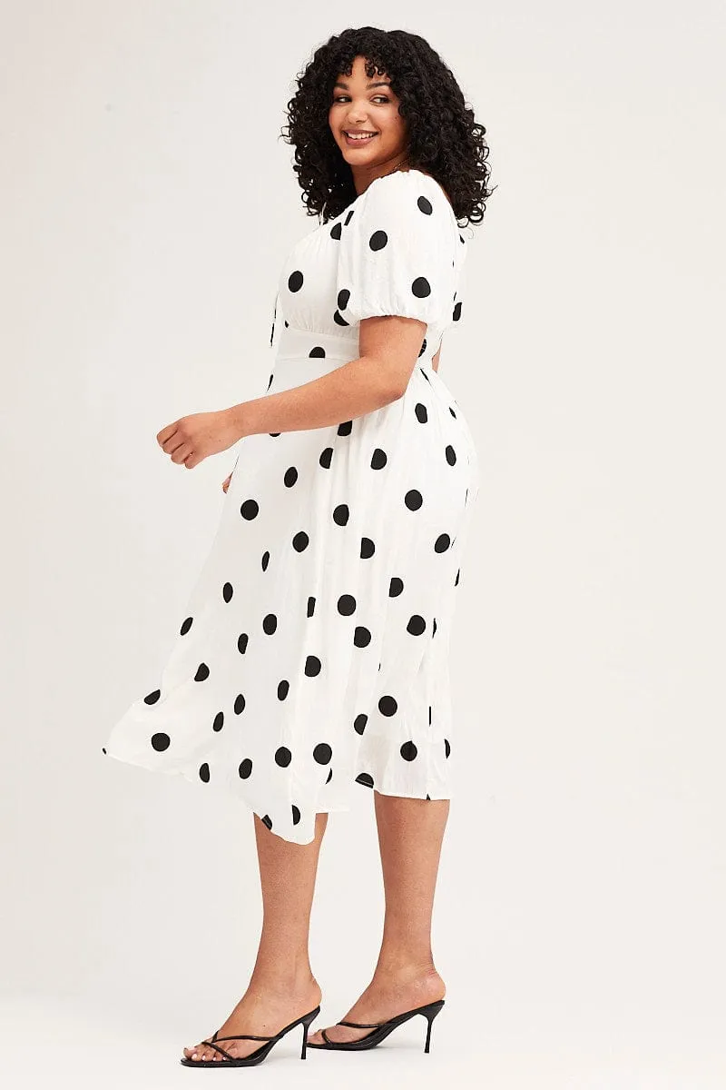 Polka Dot Midi Dress Square Neck Short Sleeve Soft Curve