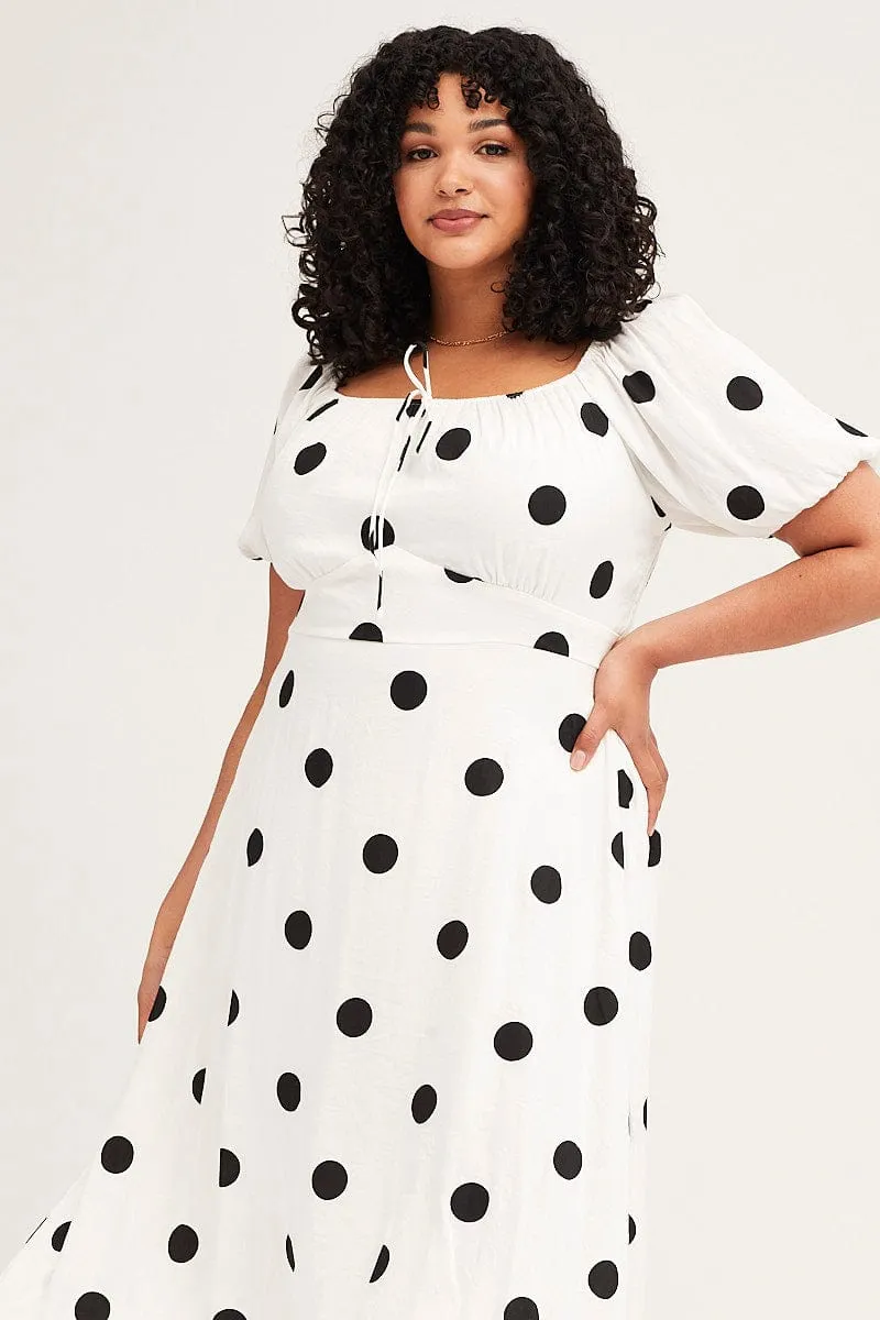 Polka Dot Midi Dress Square Neck Short Sleeve Tailored Layers
