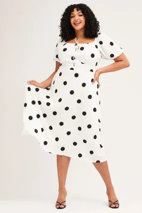 Polka Dot Midi Dress Square Neck Short Sleeve Bold Elegance