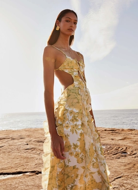 Cocktail Ready Refined Style Sunset Kisses Ruffle Maxi Dress - Daffodil