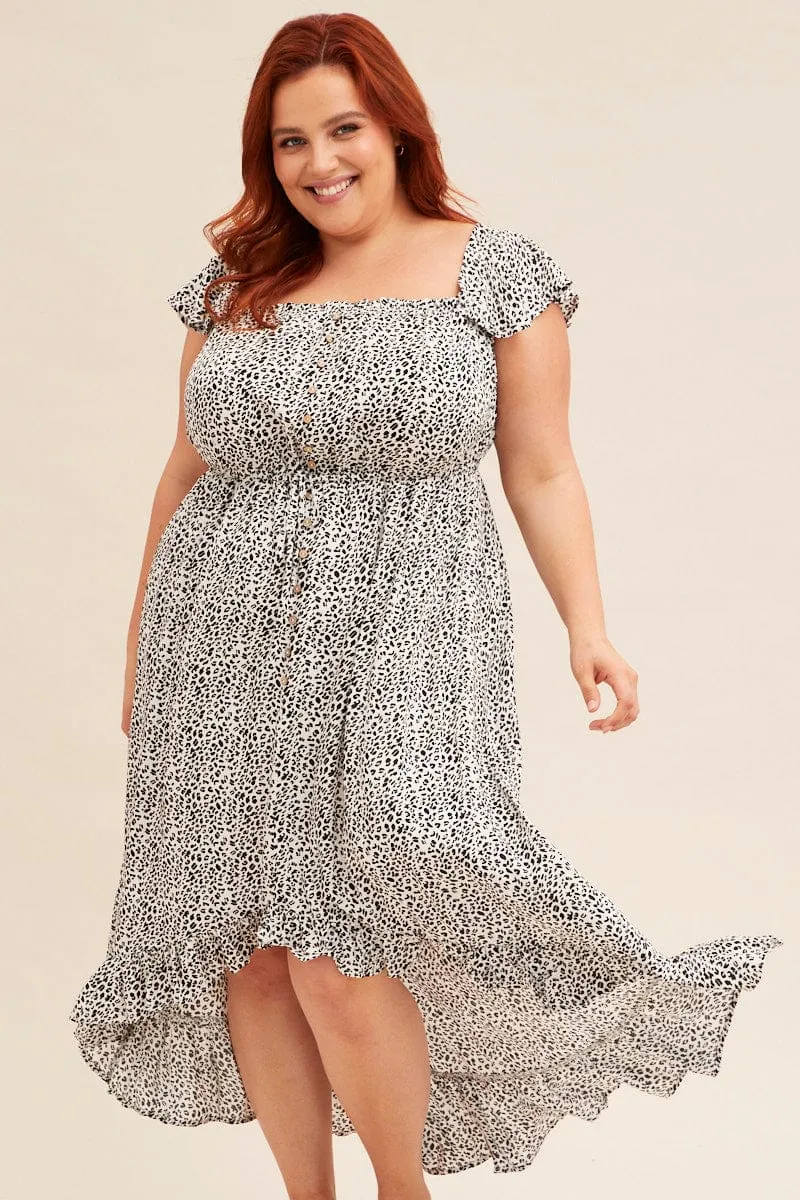 Urban Light Soft Vibes Animal Print Midi Dress Short Sleeve Shirred Off Shoulder