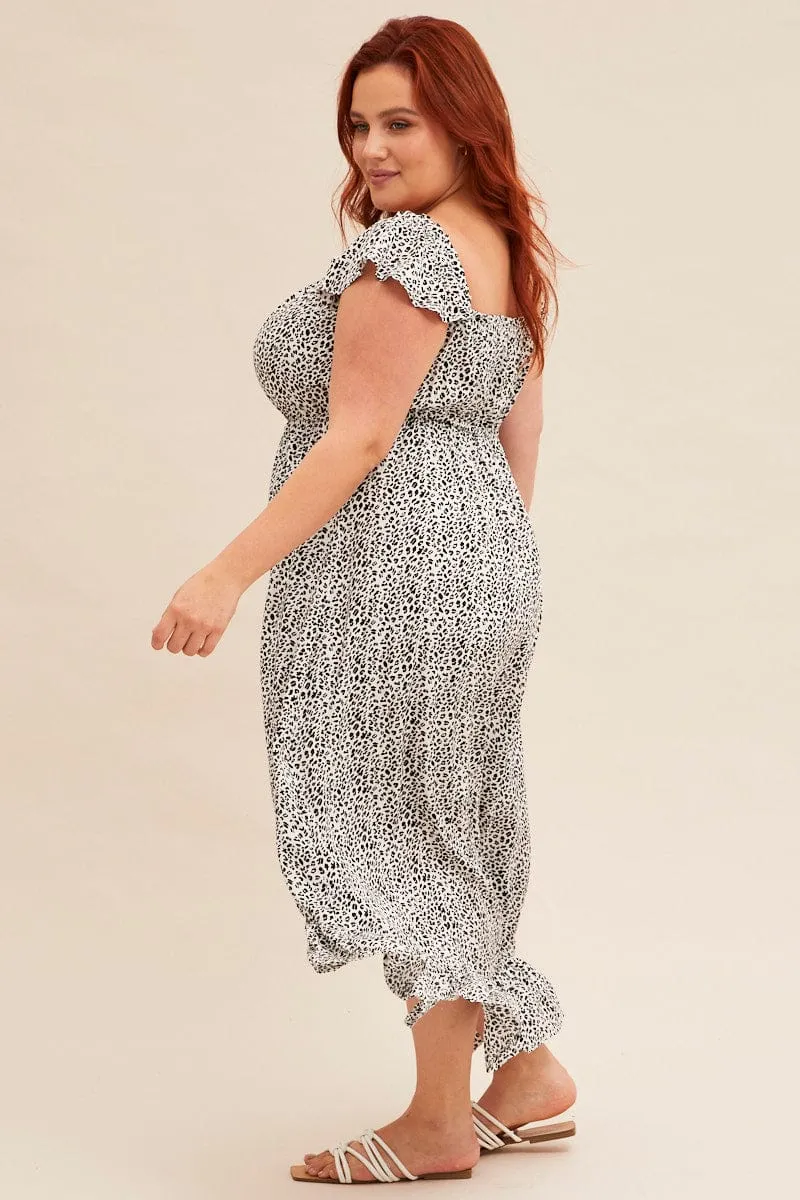 Animal Print Midi Dress Short Sleeve Shirred Off Shoulder Comfy Fit