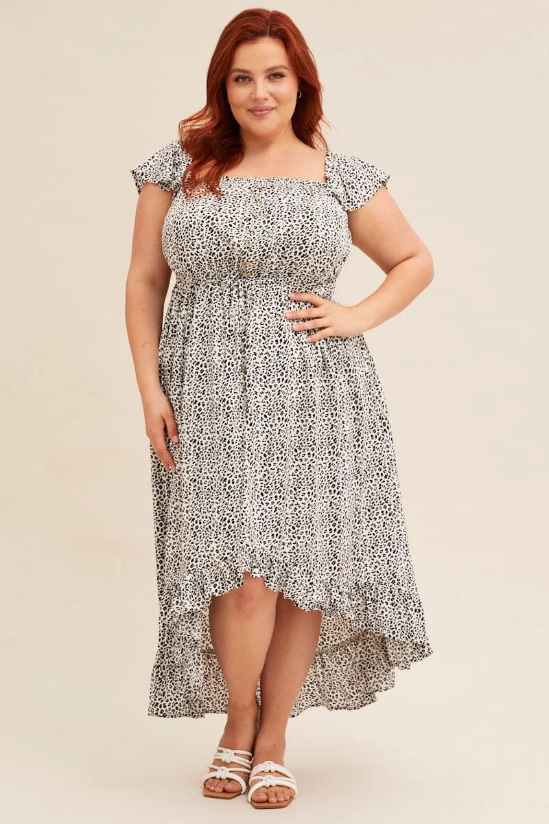 Animal Print Midi Dress Short Sleeve Shirred Off Shoulder Light Cloud