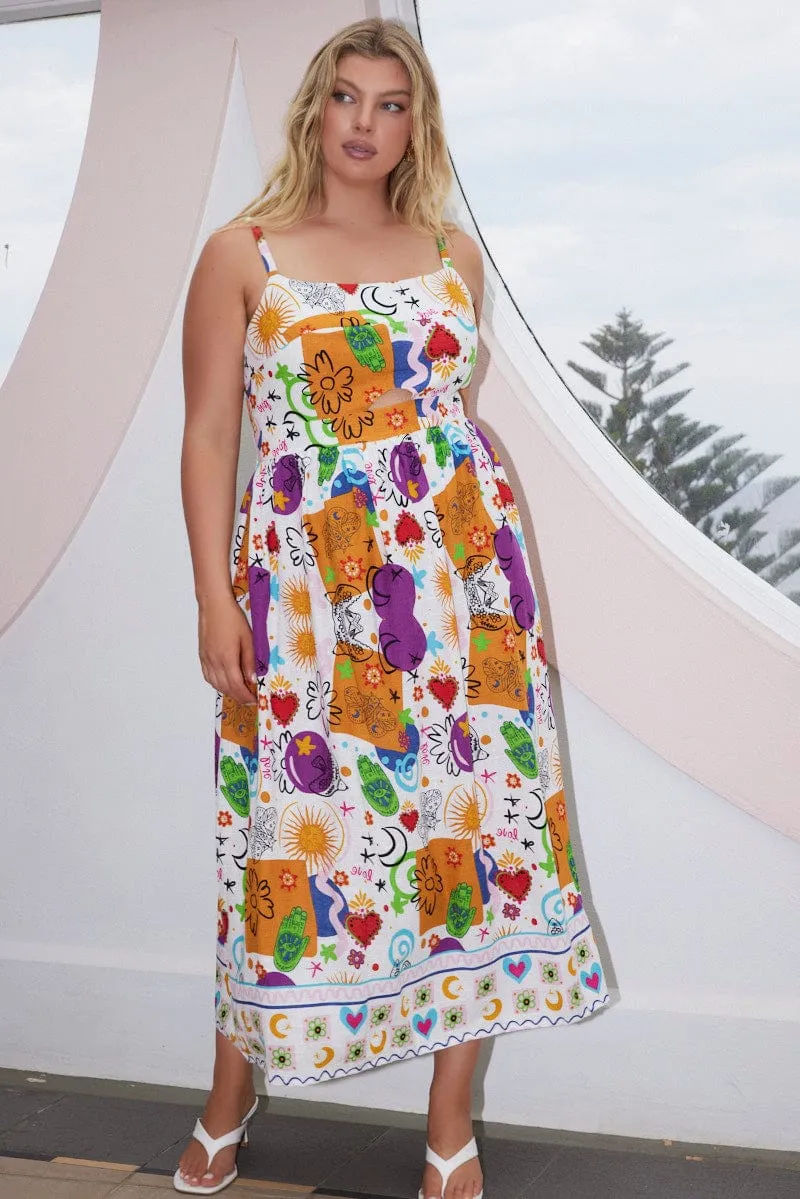 Calm Energy Multi Abstract Midi Dress Sleeveless Linen Blend