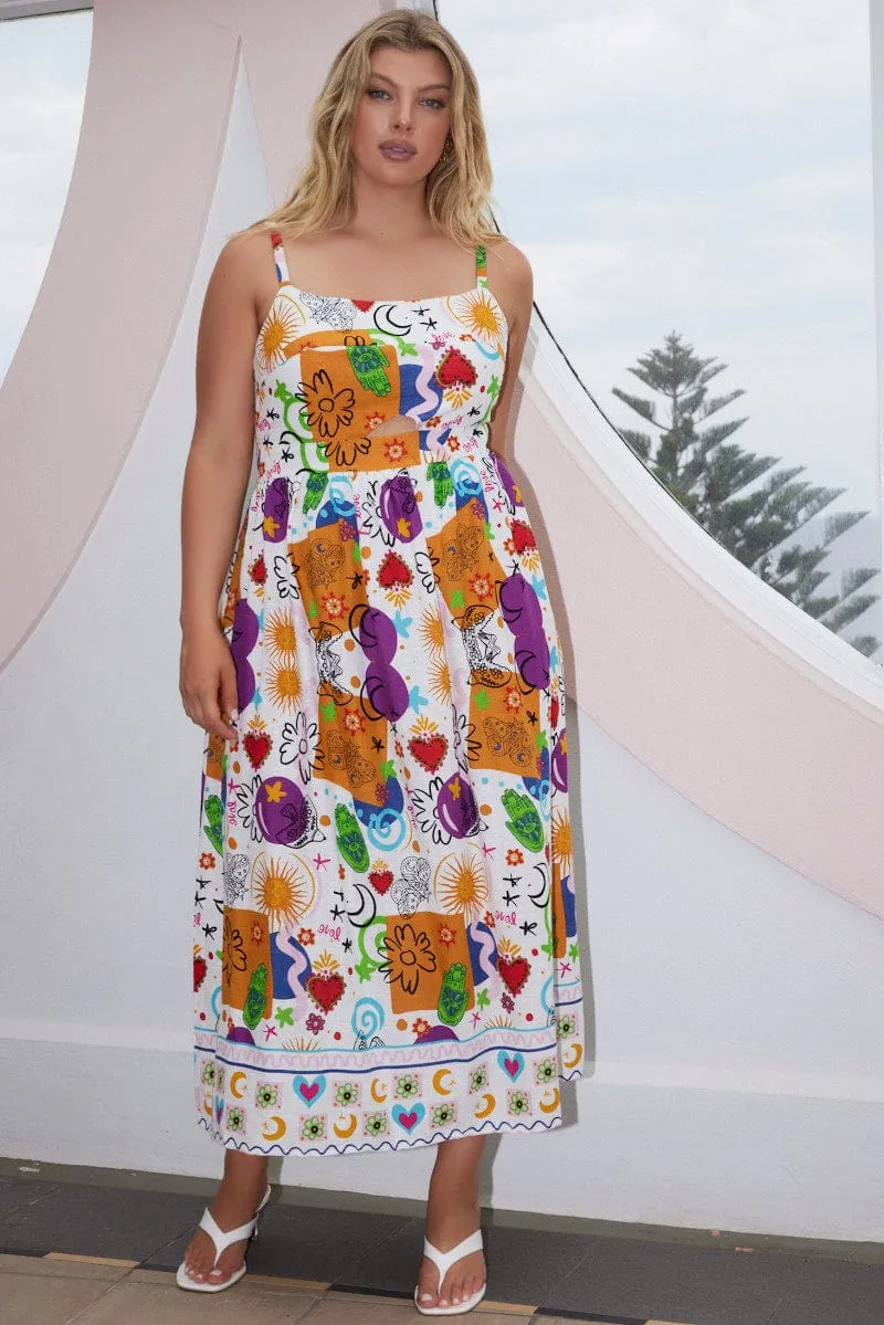 Elegant Detail Photo Glow Multi Abstract Midi Dress Sleeveless Linen Blend