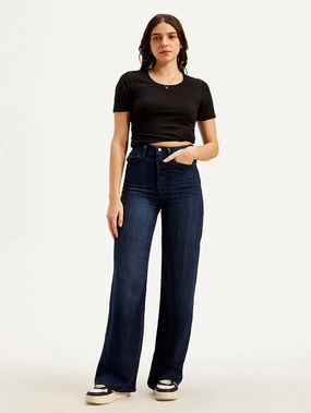 Women's Redloop Dark Blue Ribcage Bell Bottom Wide Leg Fit High Rise Jeans One For All Vibrant Trendy
