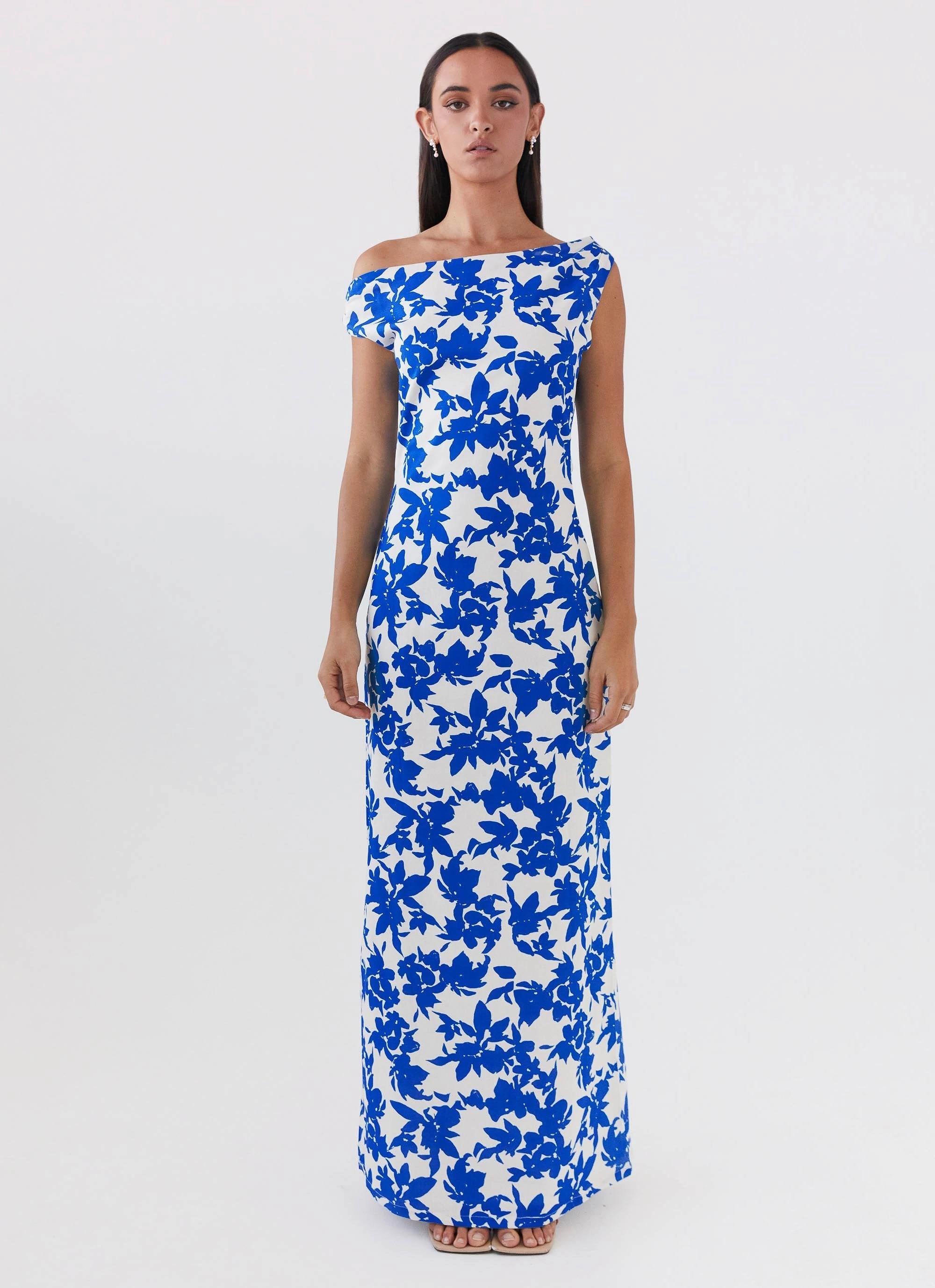 Pyper Off Shoulder Maxi Dress - Blue Floral Comfy Flex