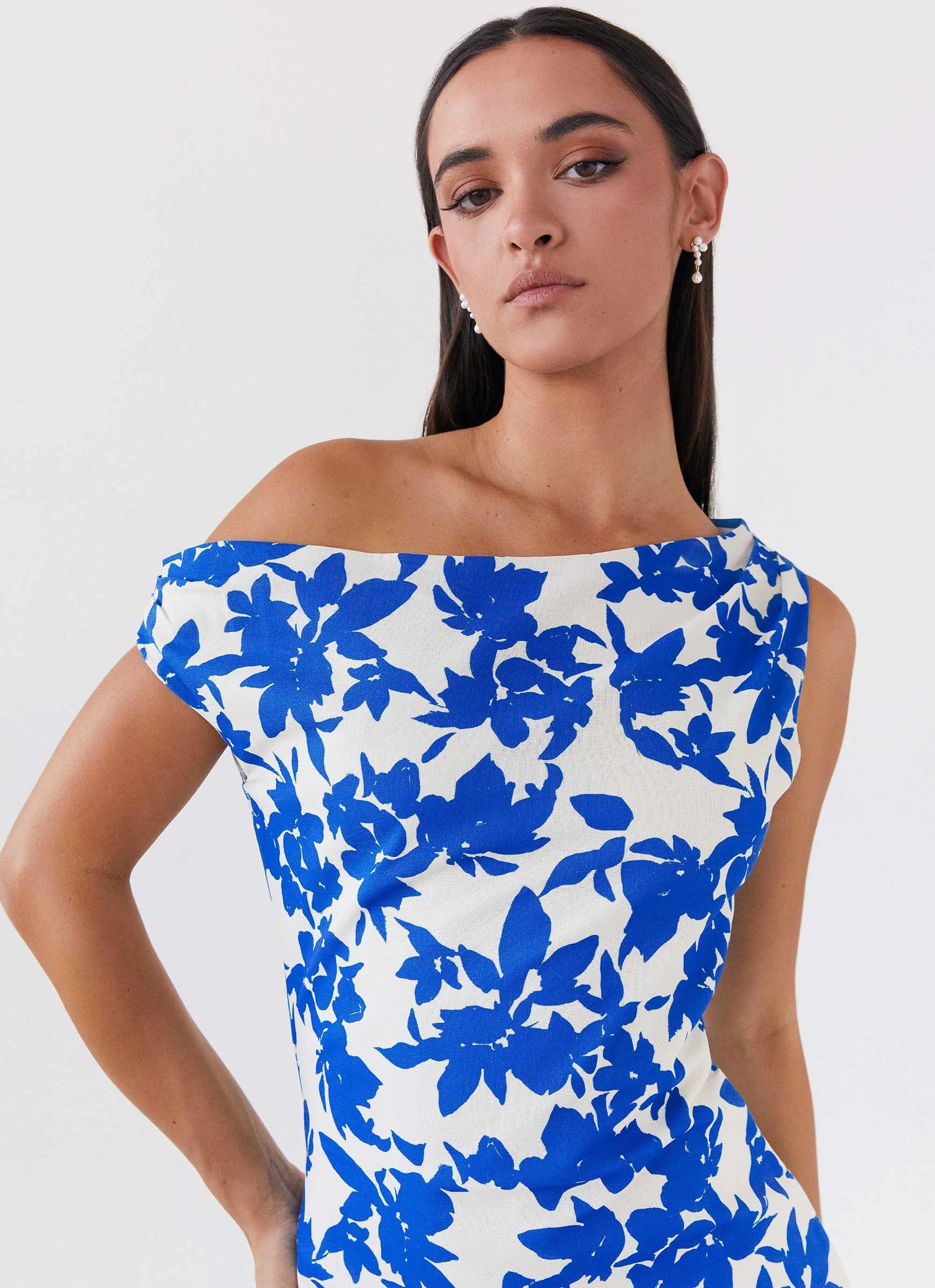 Birthday-Celebration Crystal-Detail Pyper Off Shoulder Maxi Dress - Blue Floral