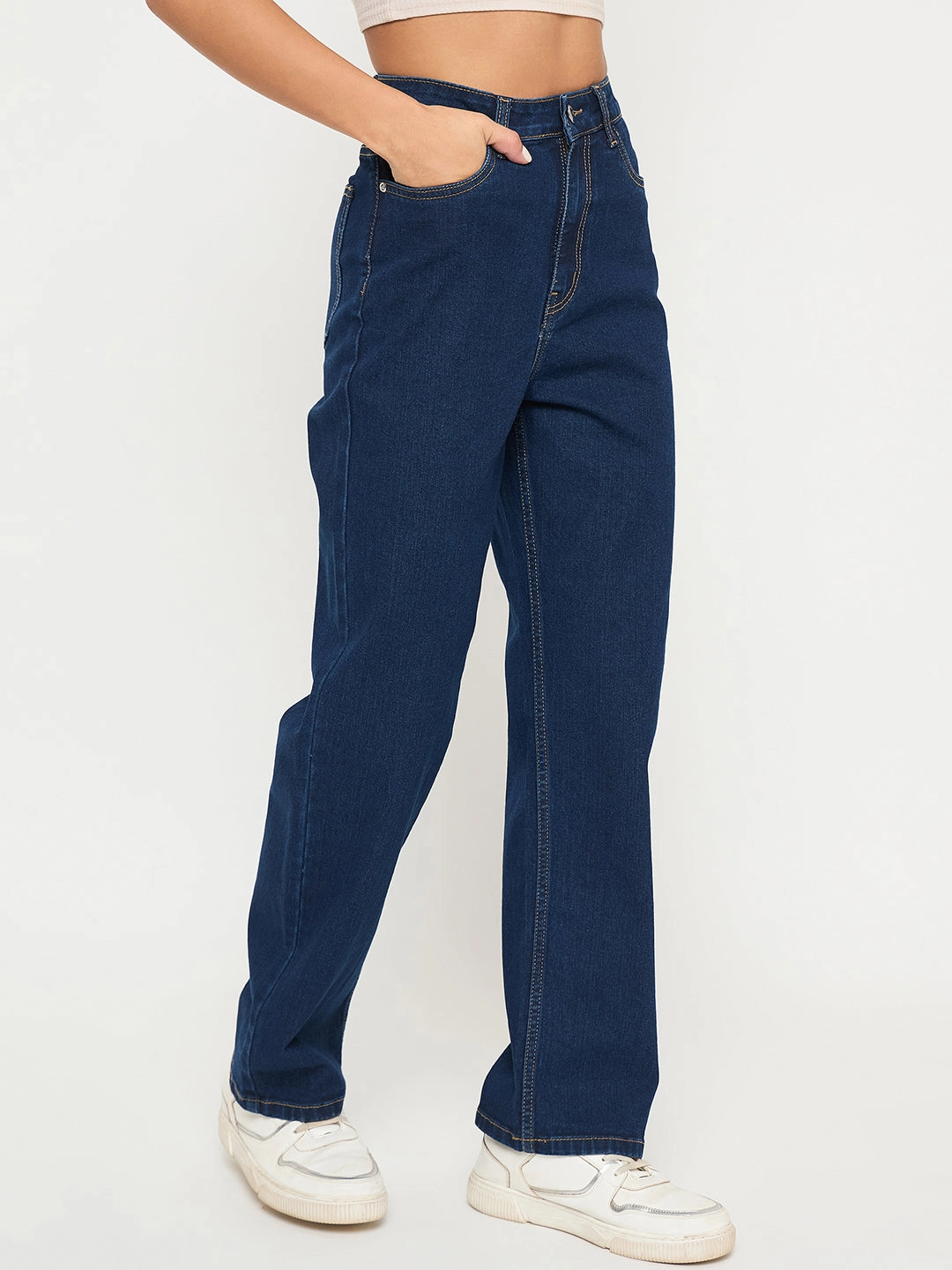 Madame Acid Wash Dark Blue Cotton Blend Straight Jeans Parent Style Family Style Routine Wear