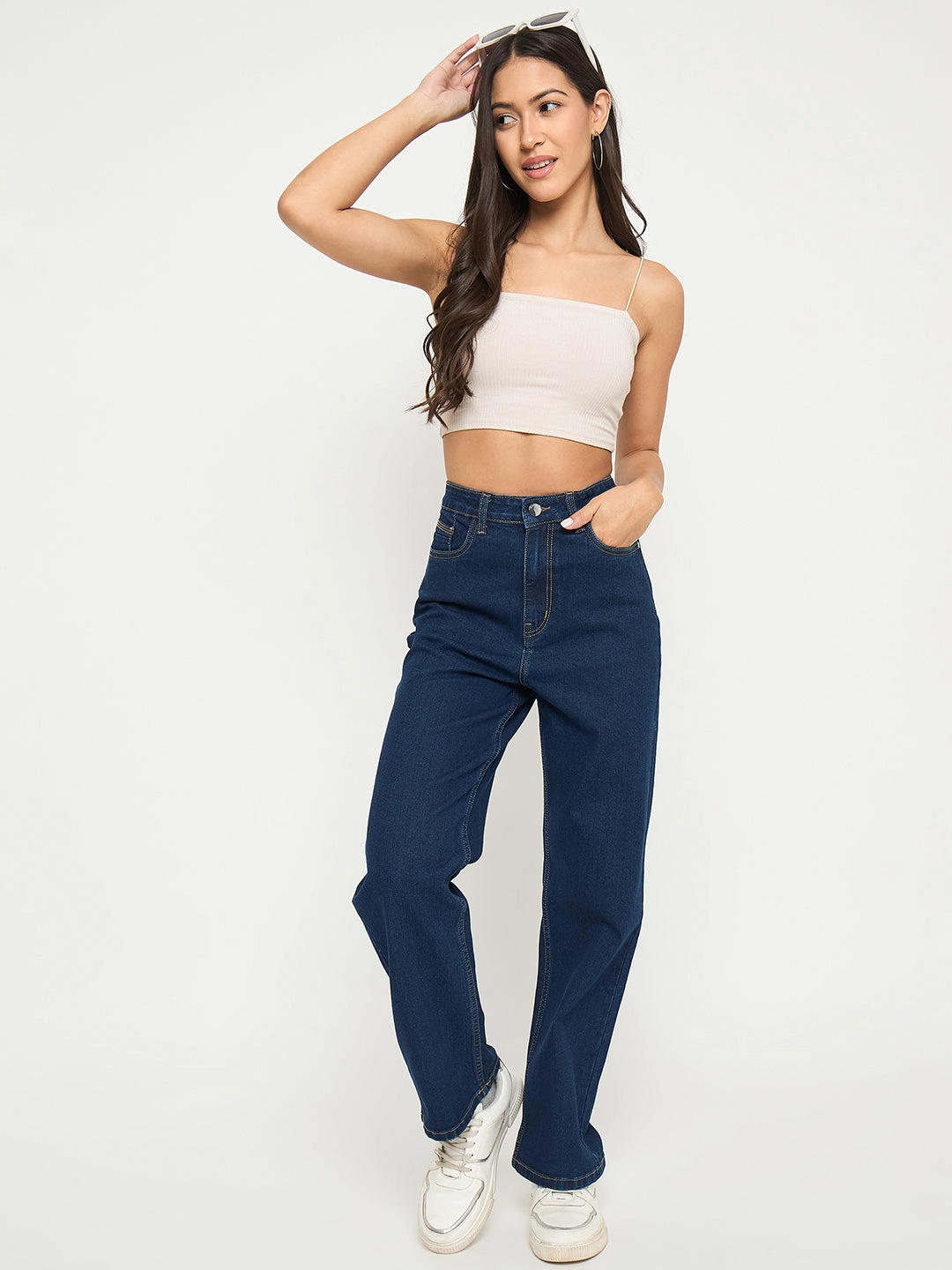 Madame Acid Wash Dark Blue Cotton Blend Straight Jeans Neutral Outfit Piece