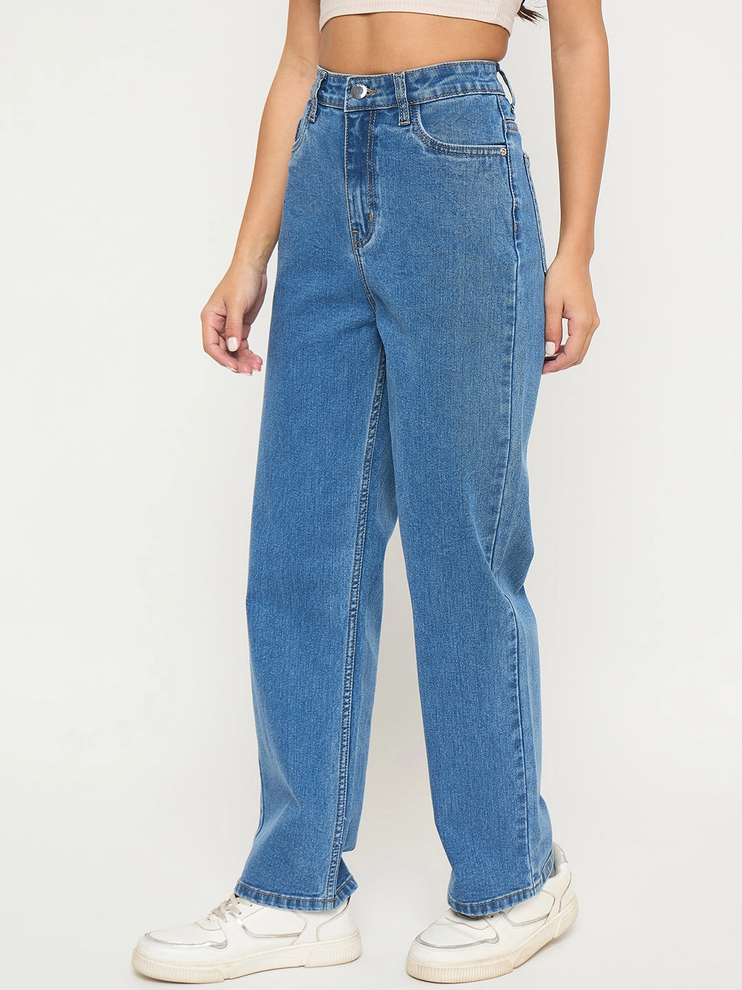 Madame Acid Wash Mid Blue Cotton Blend Straight Jeans Timeless Wear Eco Friendly Denim