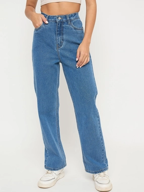 Madame Acid Wash Mid Blue Cotton Blend Straight Jeans Artist Vibe Everyday Rainy Day