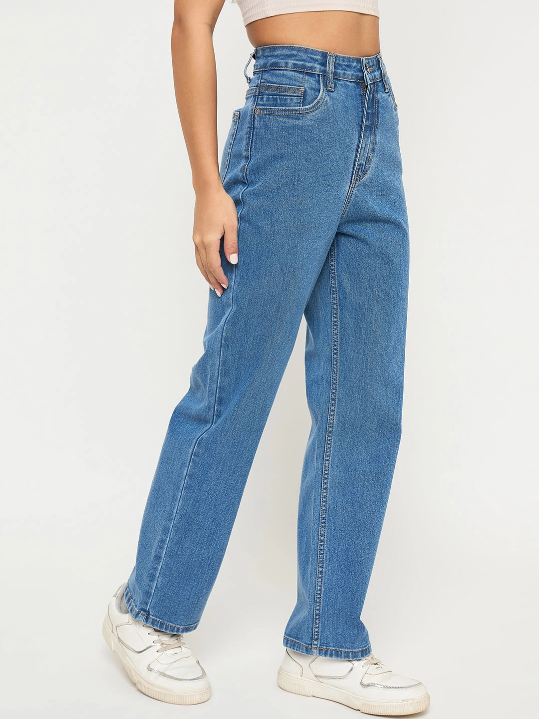 Madame Acid Wash Mid Blue Cotton Blend Straight Jeans Breathable Lining System