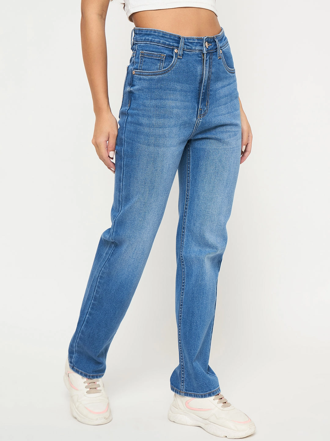 Madame Acid Wash Mid Blue Straight Cotton Blend Jeans Spring Mood Trendy Smart Waistband