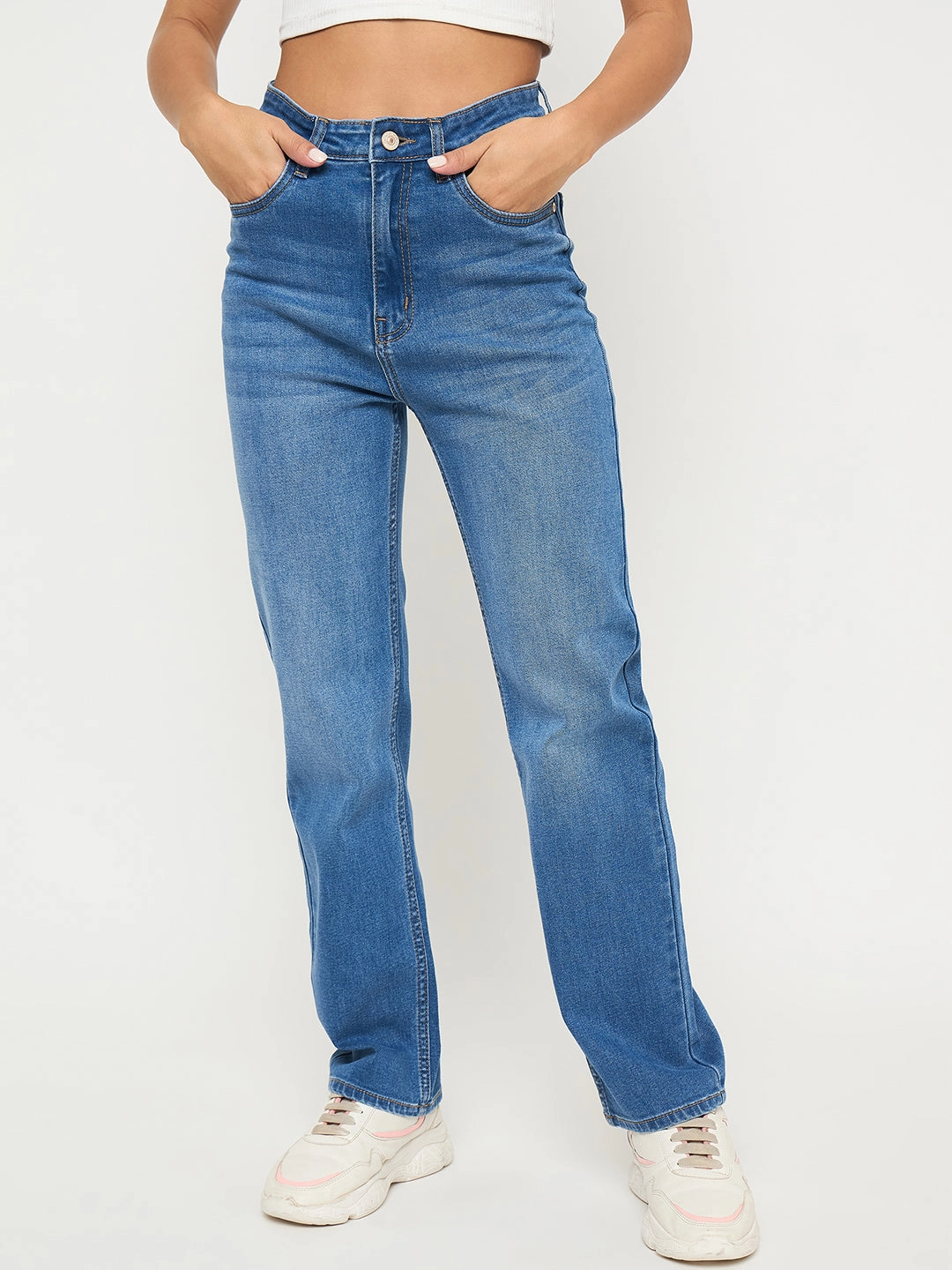 Nature Lover Shopping Day Everyday Madame Acid Wash Mid Blue Straight Cotton Blend Jeans