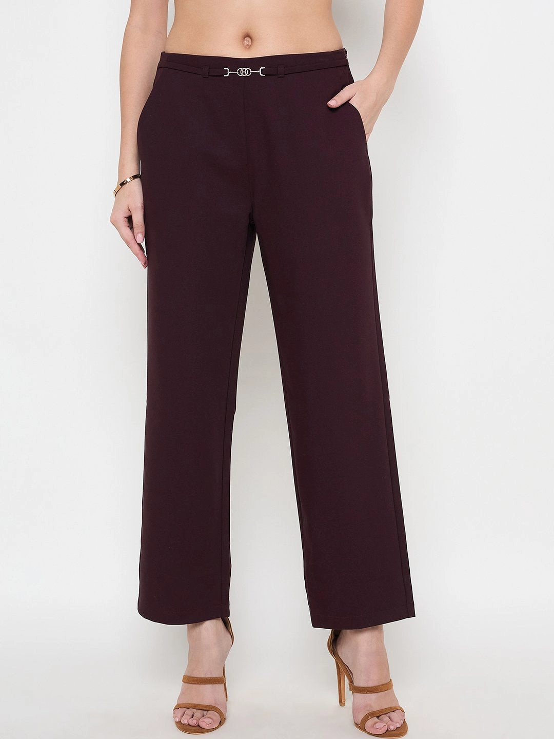 Madame Belted Straight Fit Wine Trousers Lightweight Weave Clean Lines