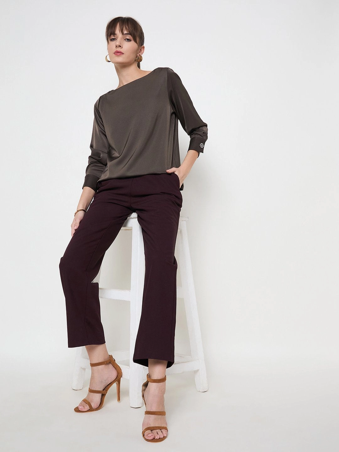 Warm design Madame Belted Straight Fit Wine Trousers