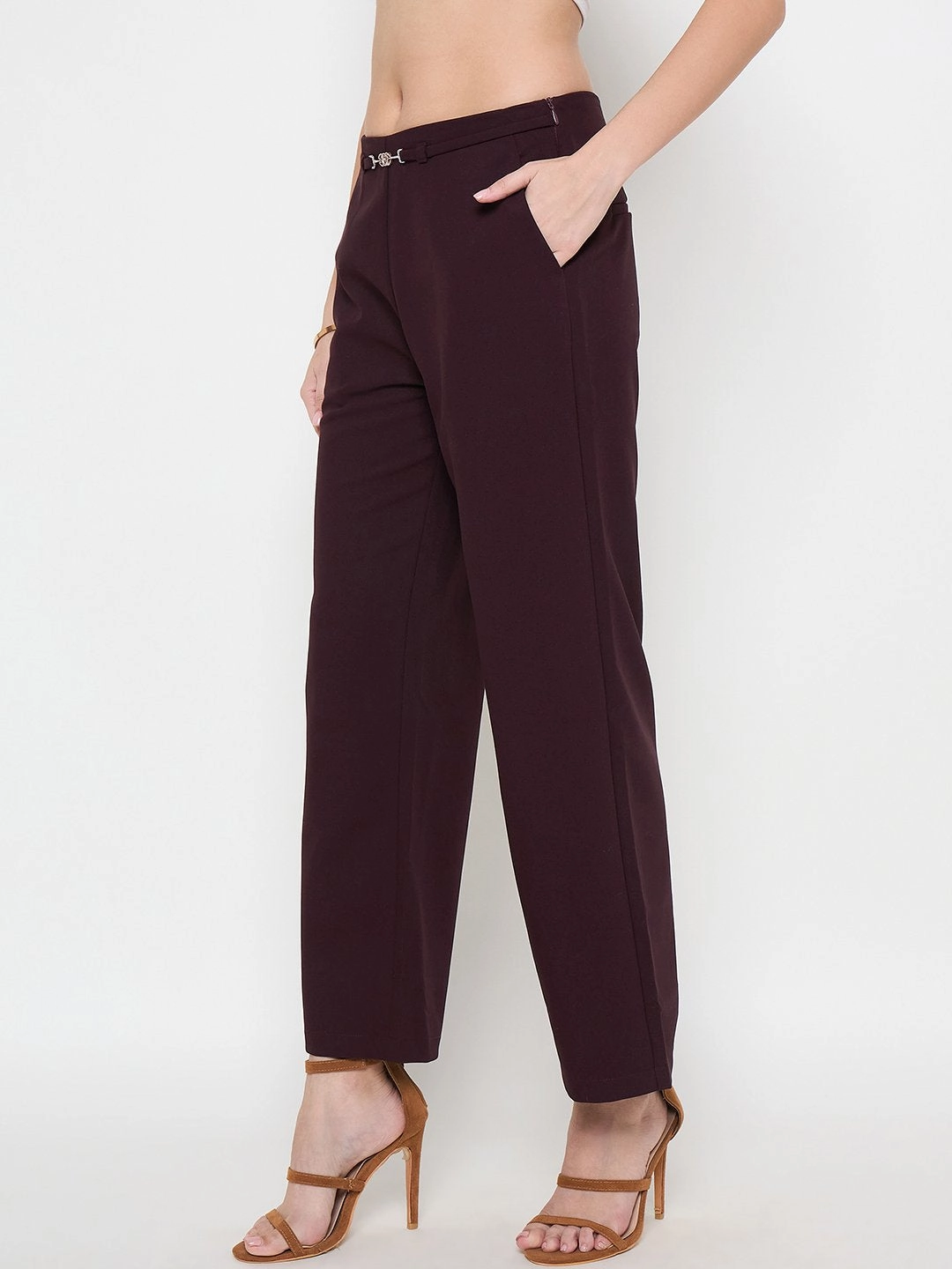 Wool blend Madame Belted Straight Fit Wine Trousers