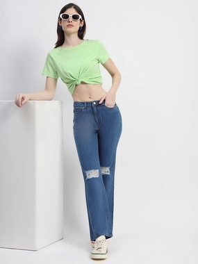 Cool And Simple Style Combo Madame Blue Ripped Flared Denim