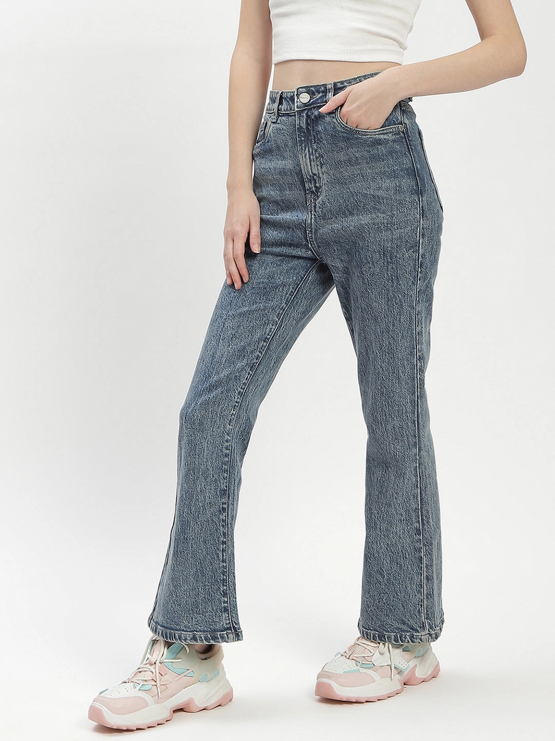 Madame Blue Whiskered Flared Jeans Relaxed Fit Waist Beach Day Versatile Soft