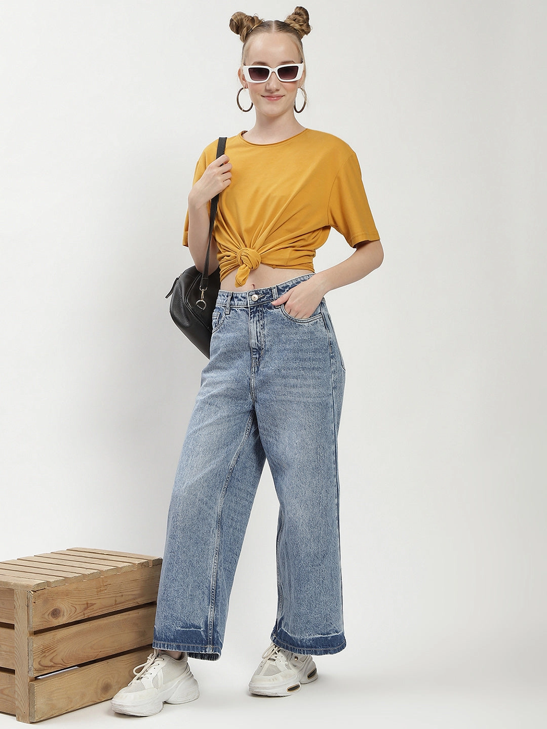 Madame Blue Wide-Leg Cropped Jeans Family Style Luxury Thermal Regulating Fabric