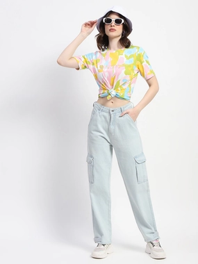 Madame Cargo Ice Blue Light Wash Denim Barrel Leg Construction Cool And Clean