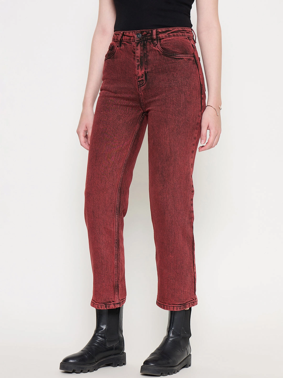 Street Routine Festival Outfit Comfy Madame Cotton Blend Acid Wash Red Denim