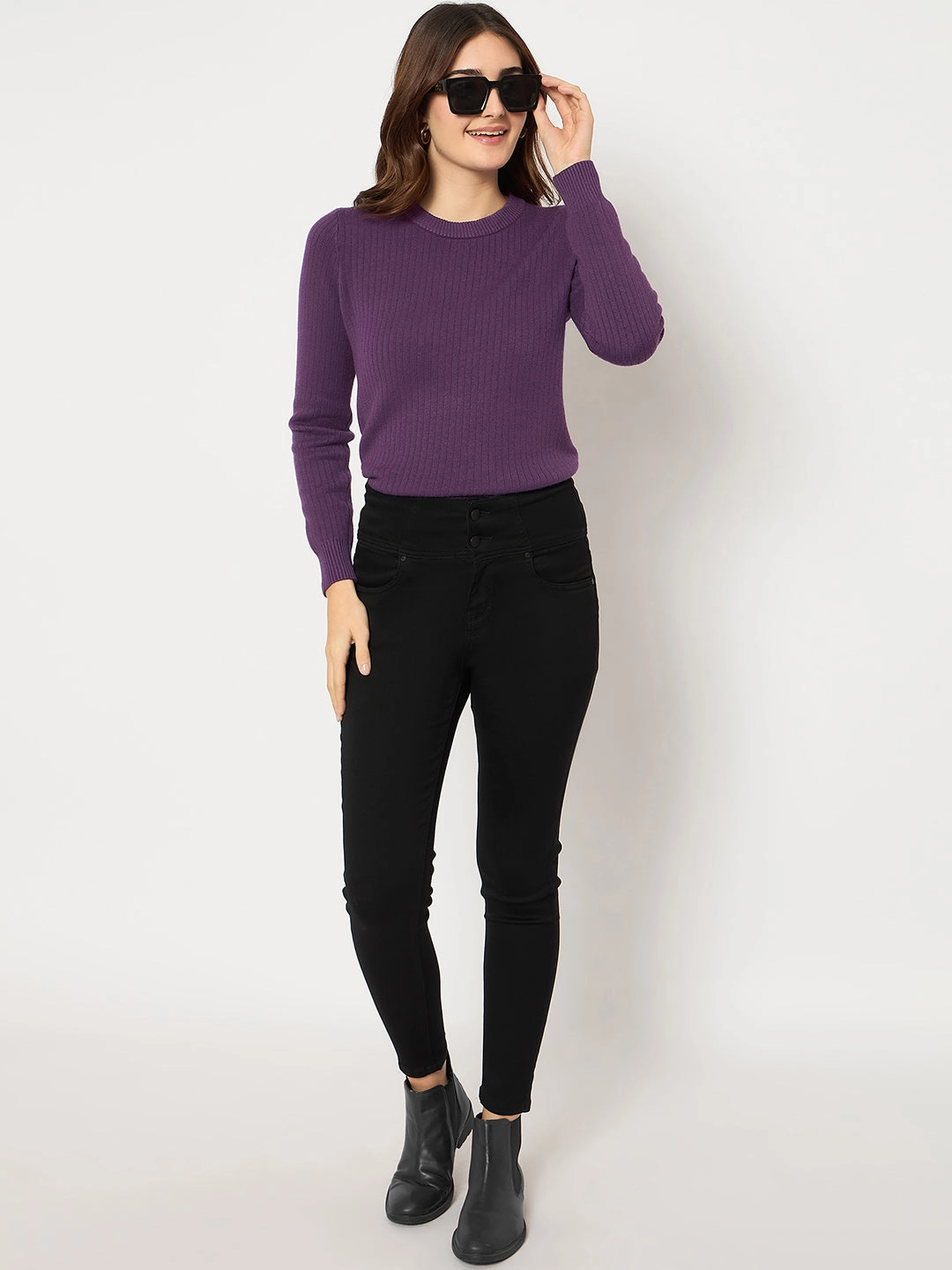 Madame Cotton Blend Double High Rise Solid Button Black Denim Jeans Bootcut style