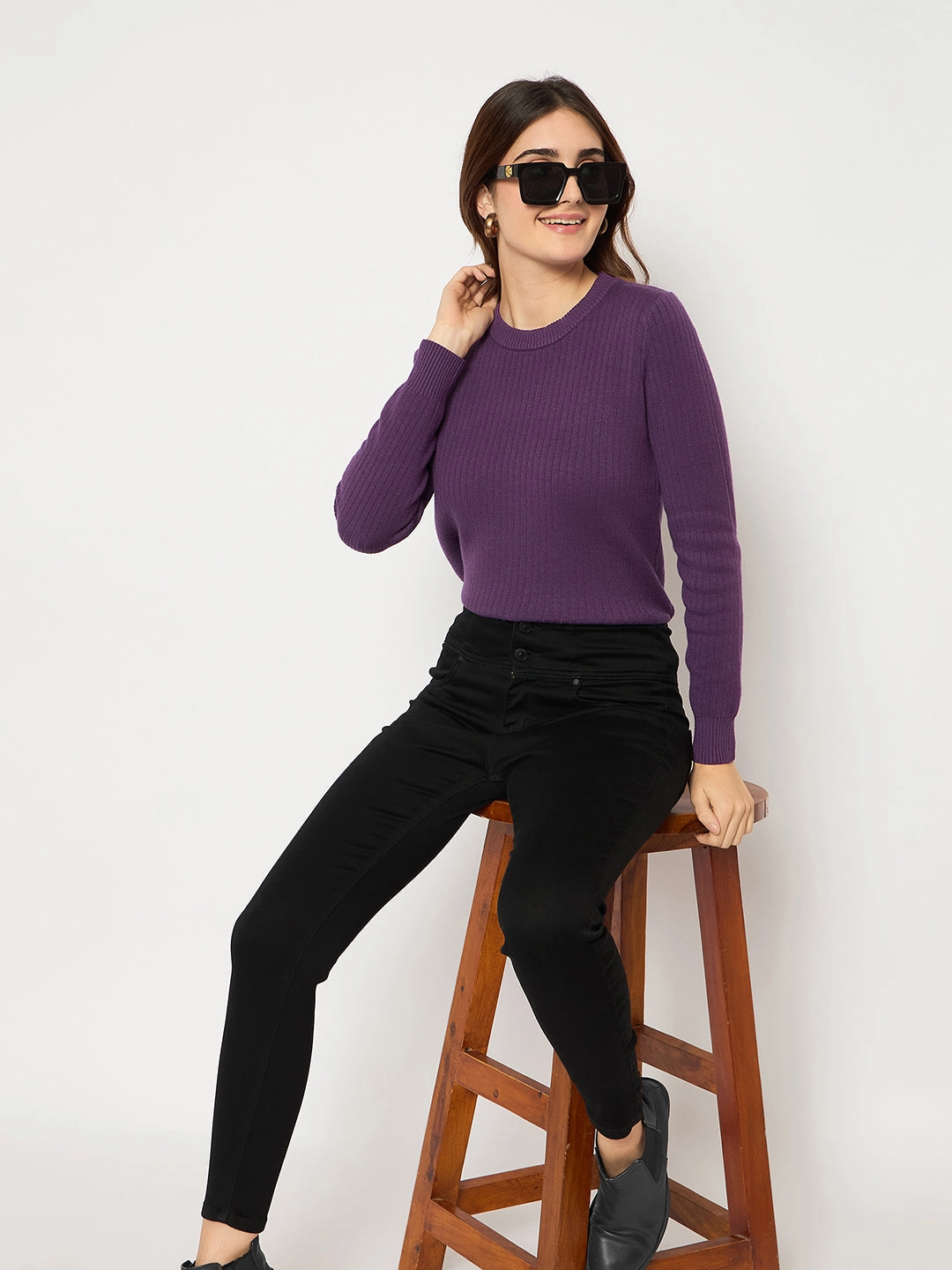 Office Wear Modern Rainy Day Madame Cotton Blend Double High Rise Solid Button Black Denim Jeans