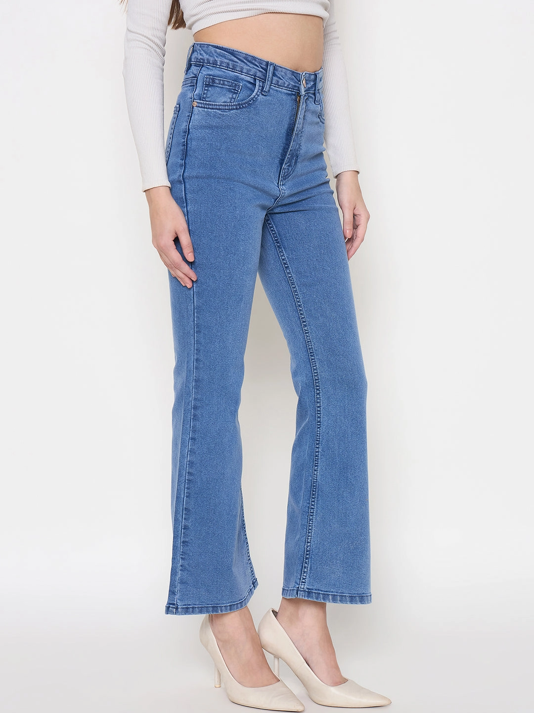 One For All Madame Cotton Blend Flared Fit Mid Blue Denim Jeans