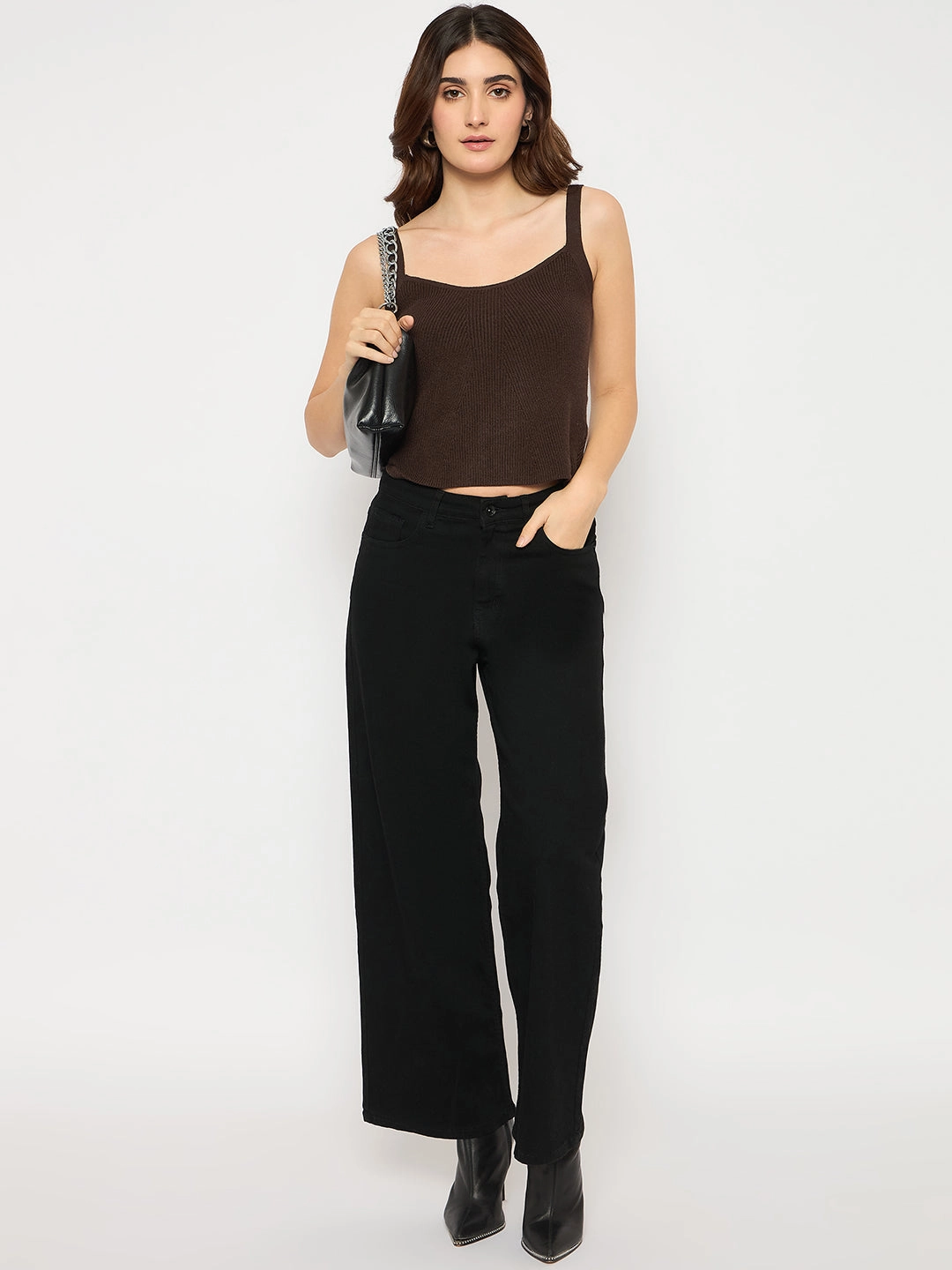 Madame Cotton Blend Wide Leg Black Denim Jeans Basic Attire