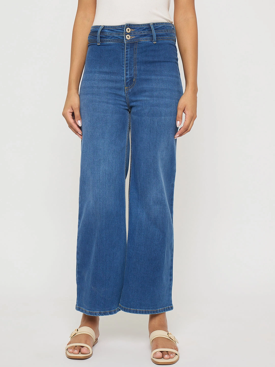 Madame Double Waisted Whiskered Wide Leg Mid Blue Jeans Traveler Gear Slim Smart Basic