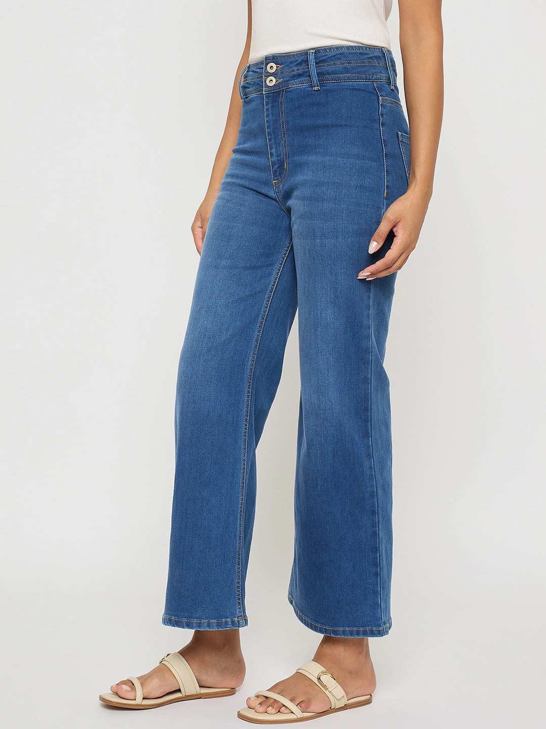 Madame Double Waisted Whiskered Wide Leg Mid Blue Jeans Autumn Days Family Style Eco Friendly