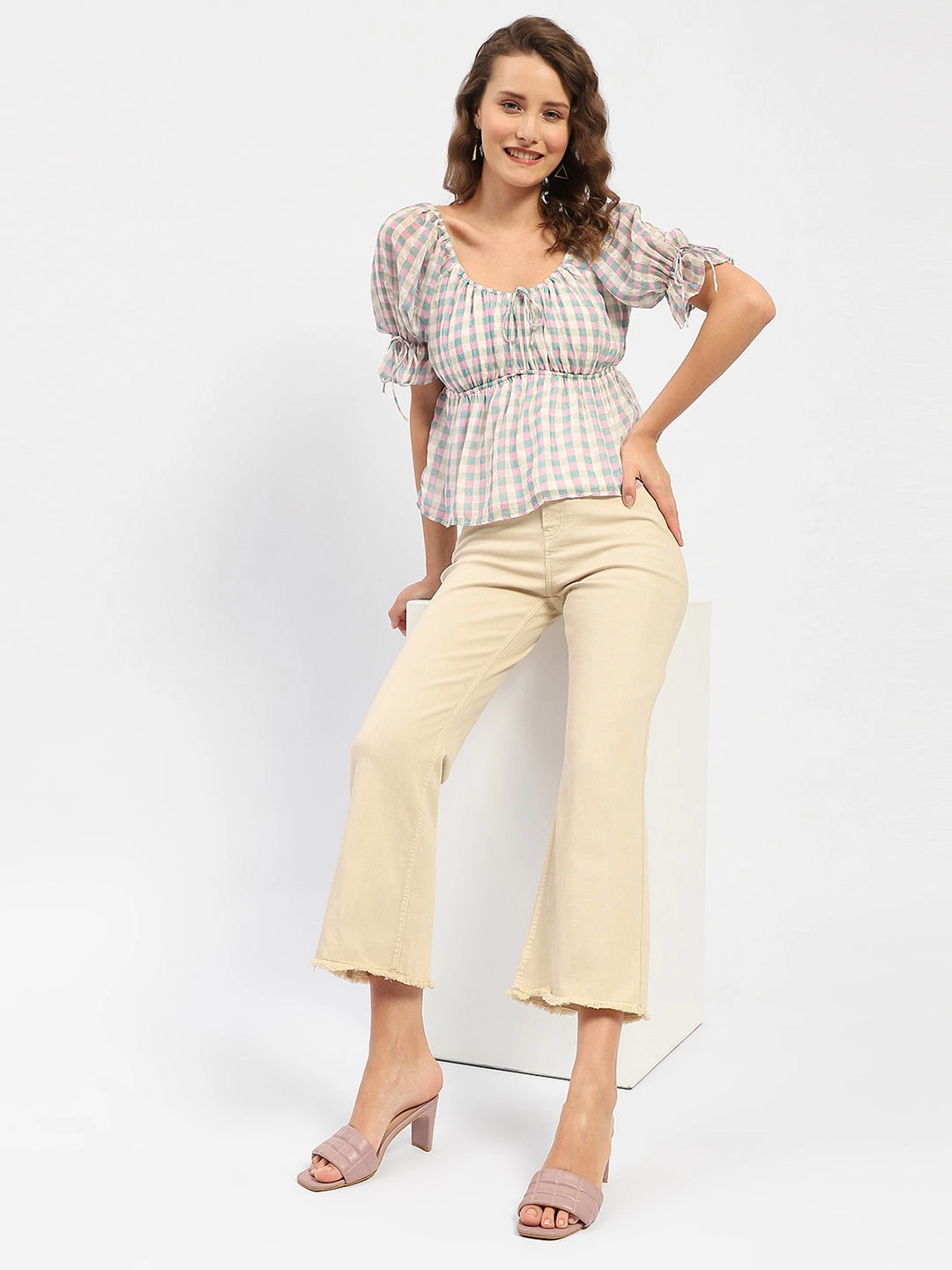 Madame Flared Fit Beige Jeans Flattering Style Vintage Inspired Weave