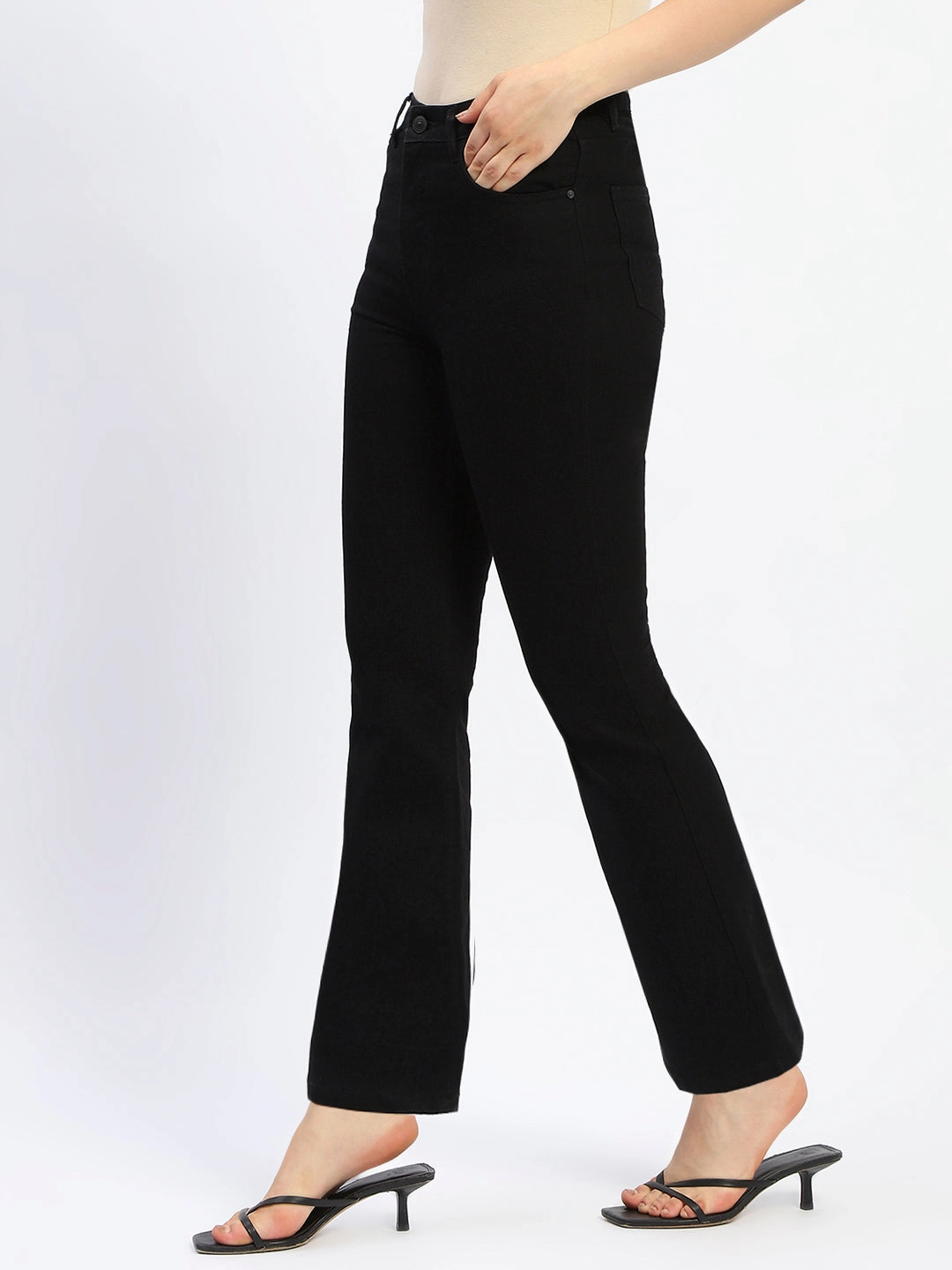 Madame Flared Solid Black Cotton Blend Denim Workday Outfit Family Style Gym Ready Daily Wear